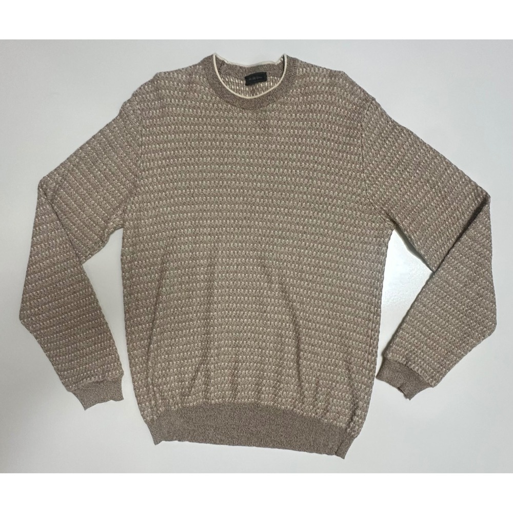 Saks Fifth Avenue Vintage Mens Cotton Basketweave Knit Sweater Tan Made in Italy